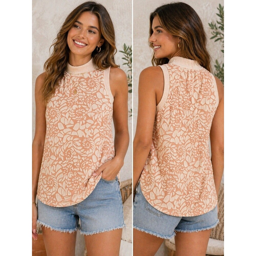 Meadow Rue Anthropologie Textured Floral Mock Neck Tank Top L Peach Cream